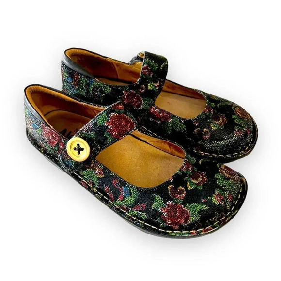 Alegria Paloma‎ Black Leather Colorful Embossed Mary Jane Size 37 WIDE Tapestry - Picture 1 of 14